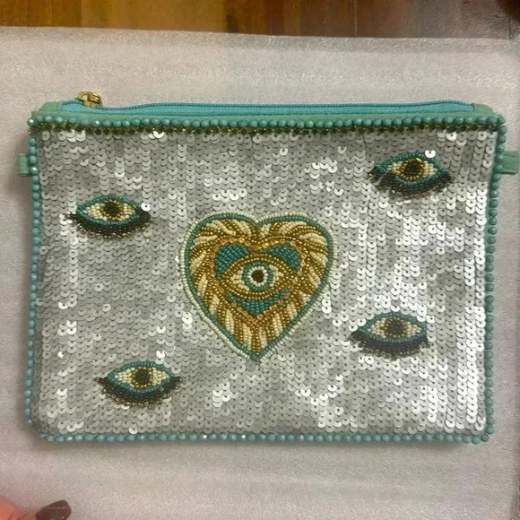 TORTUGA HANDMADE BEADED AND SEQUIN EVIL EYE CLUTCH ENVELOPE BAG
SILVER-TURQUOISE - Picture 2 of 3